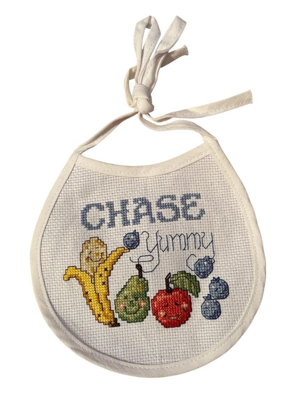 Personalized White Baby Bib with Fruit Cross-Stitch 🍌🍐🍎🫐
